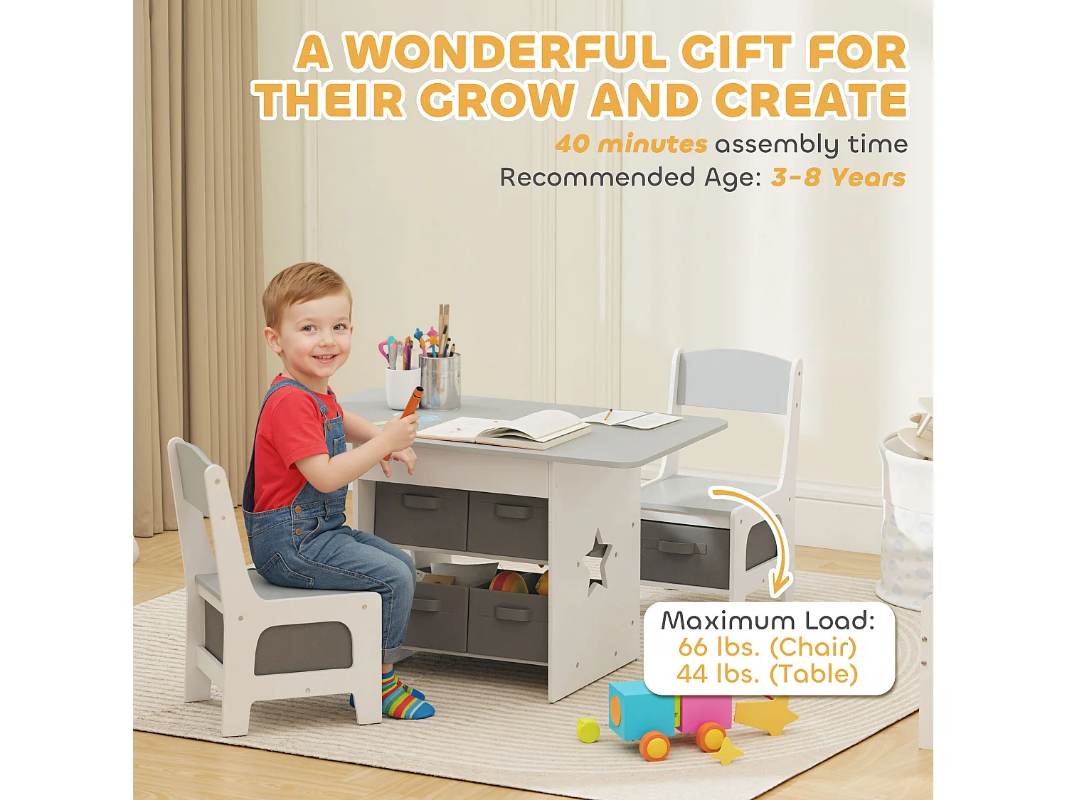 Set tavolo e sedie per bambini 3-8 anni con 6 cassetti grigio e bianco