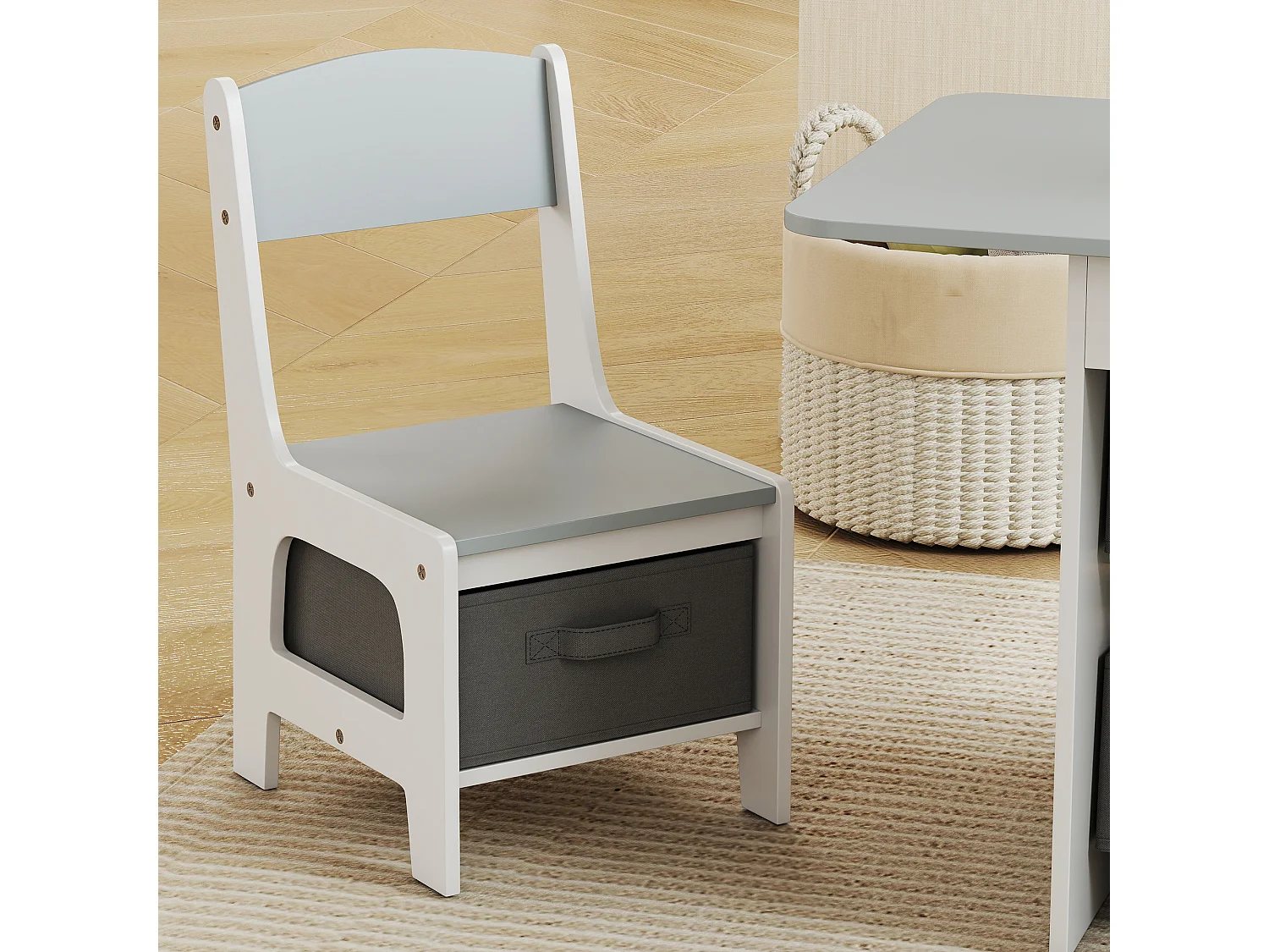 Set tavolo e sedie per bambini 3-8 anni con 6 cassetti grigio e bianco