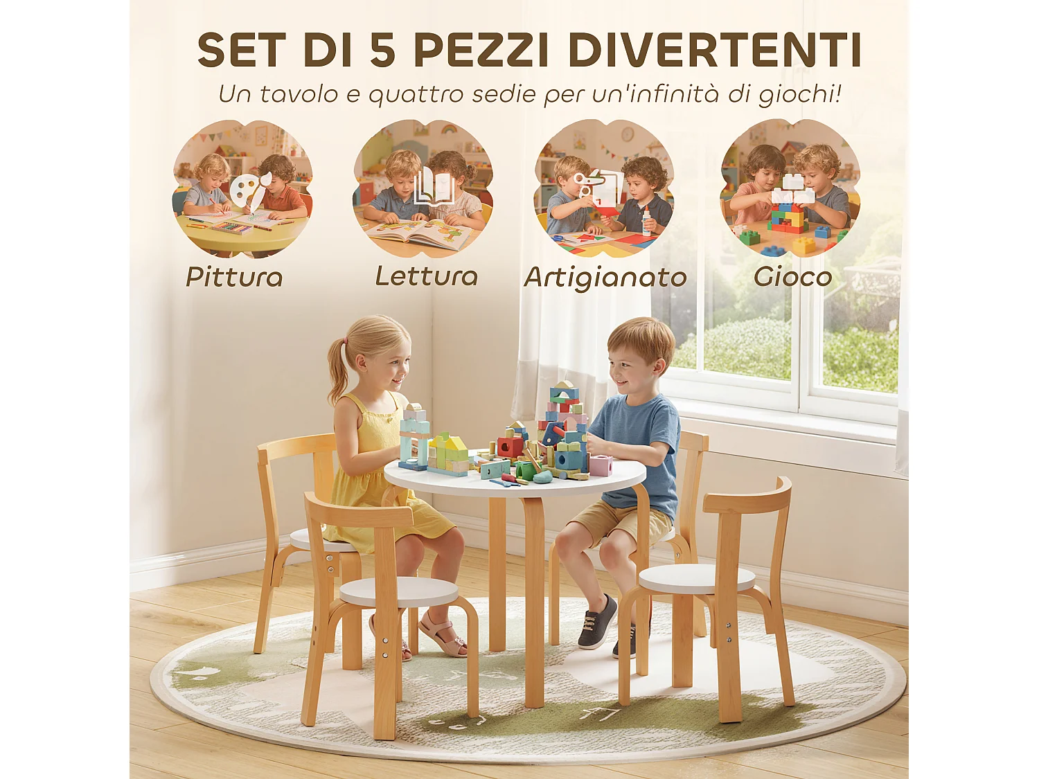 Set tavolo e sedie per bambini 3-8 anni 5 pz in legno bianco