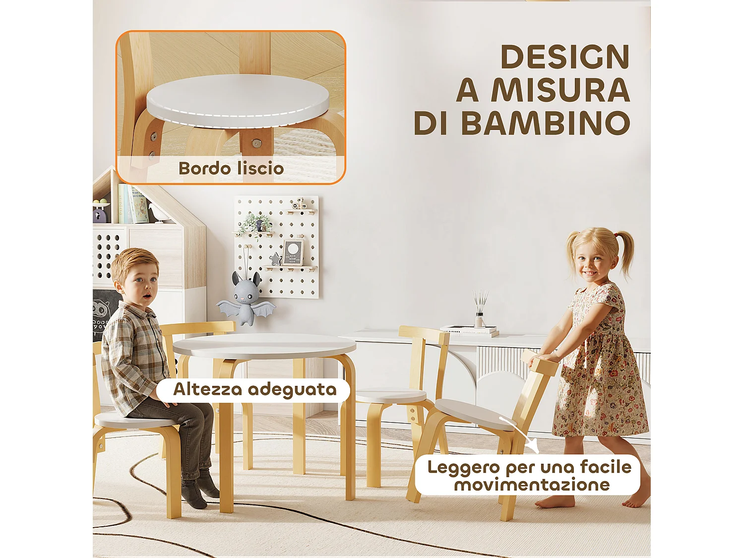 Set tavolo e sedie per bambini 3-8 anni 5 pz in legno bianco