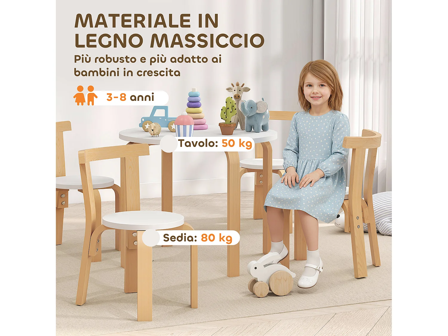 Set tavolo e sedie per bambini 3-8 anni 5 pz in legno bianco