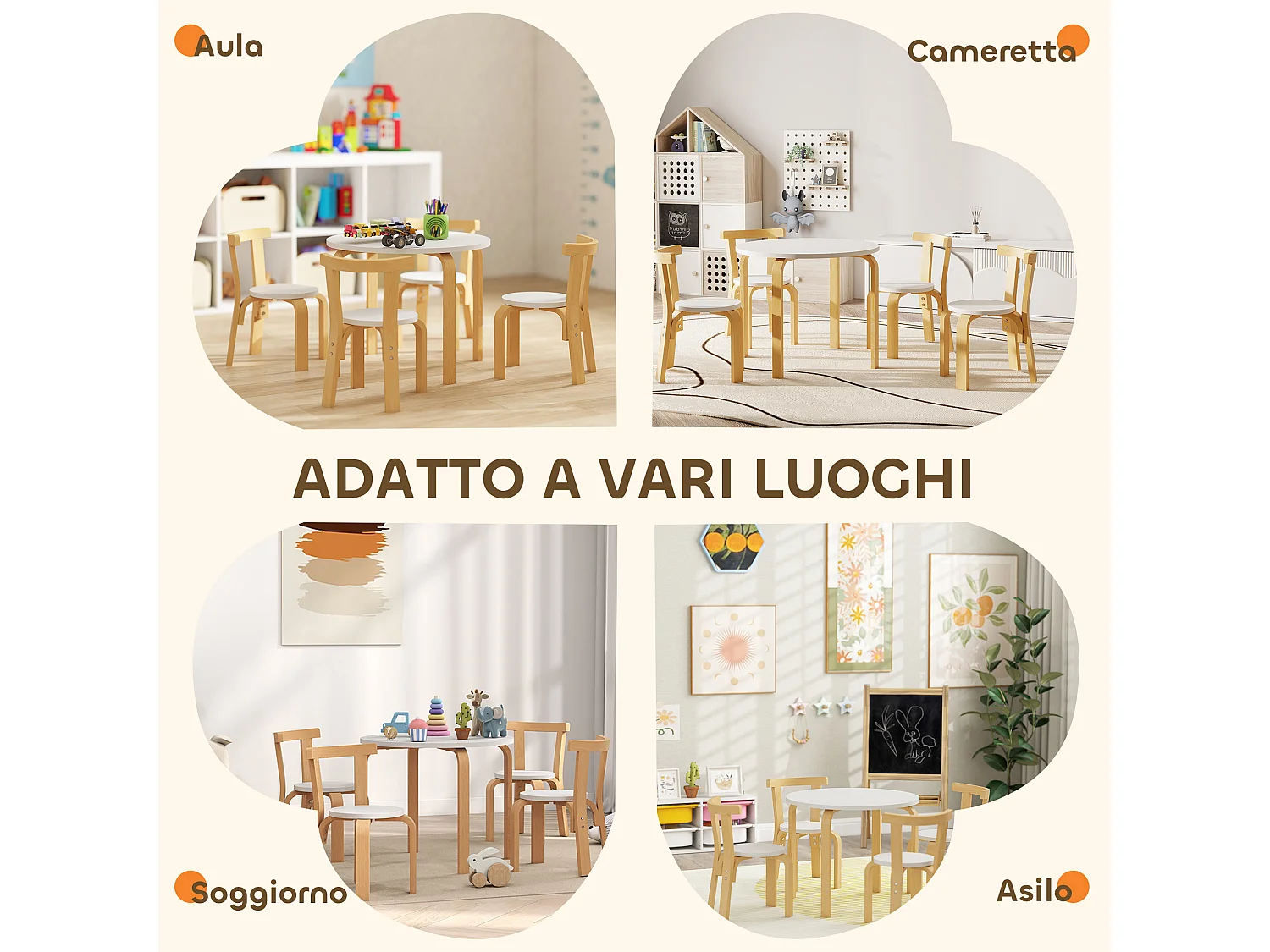 Set tavolo e sedie per bambini 3-8 anni 5 pz in legno bianco