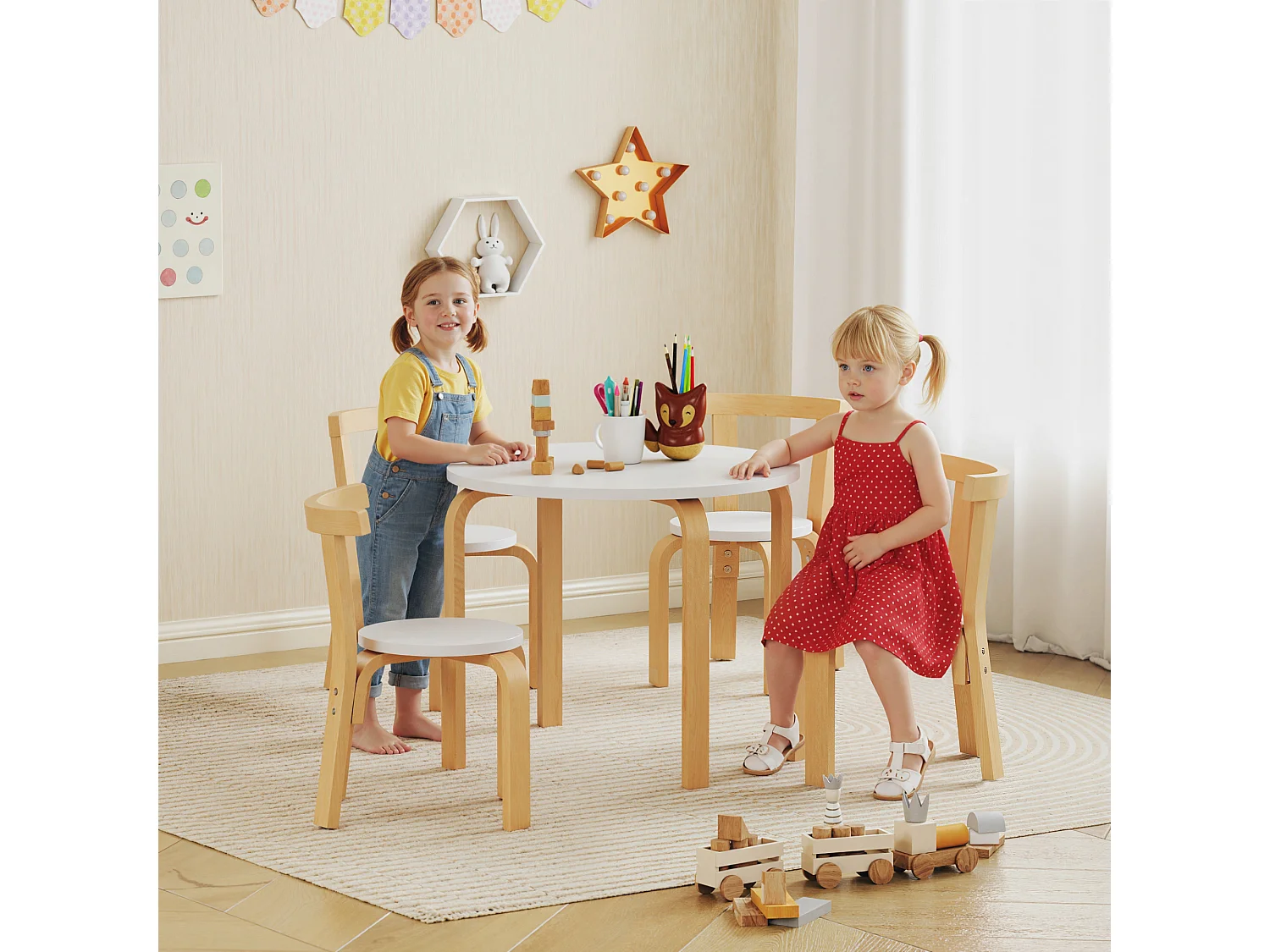 Set tavolo e sedie per bambini 3-8 anni 5 pz in legno bianco