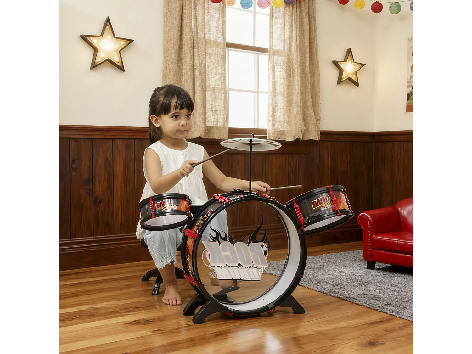 Set batteria giocattolo per bambini 3-6 anni con sgabello