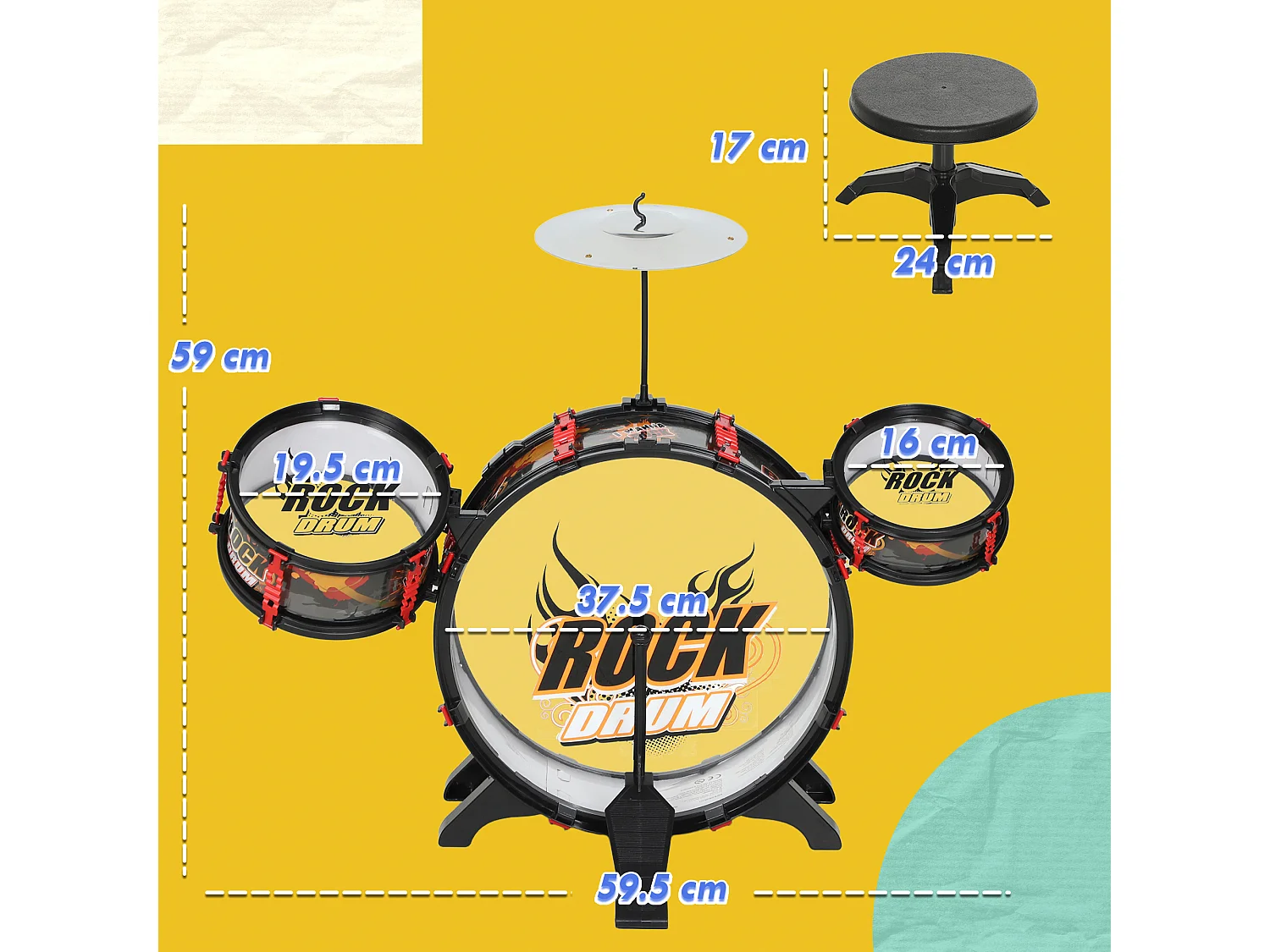 Set batteria giocattolo per bambini 3-6 anni con sgabello