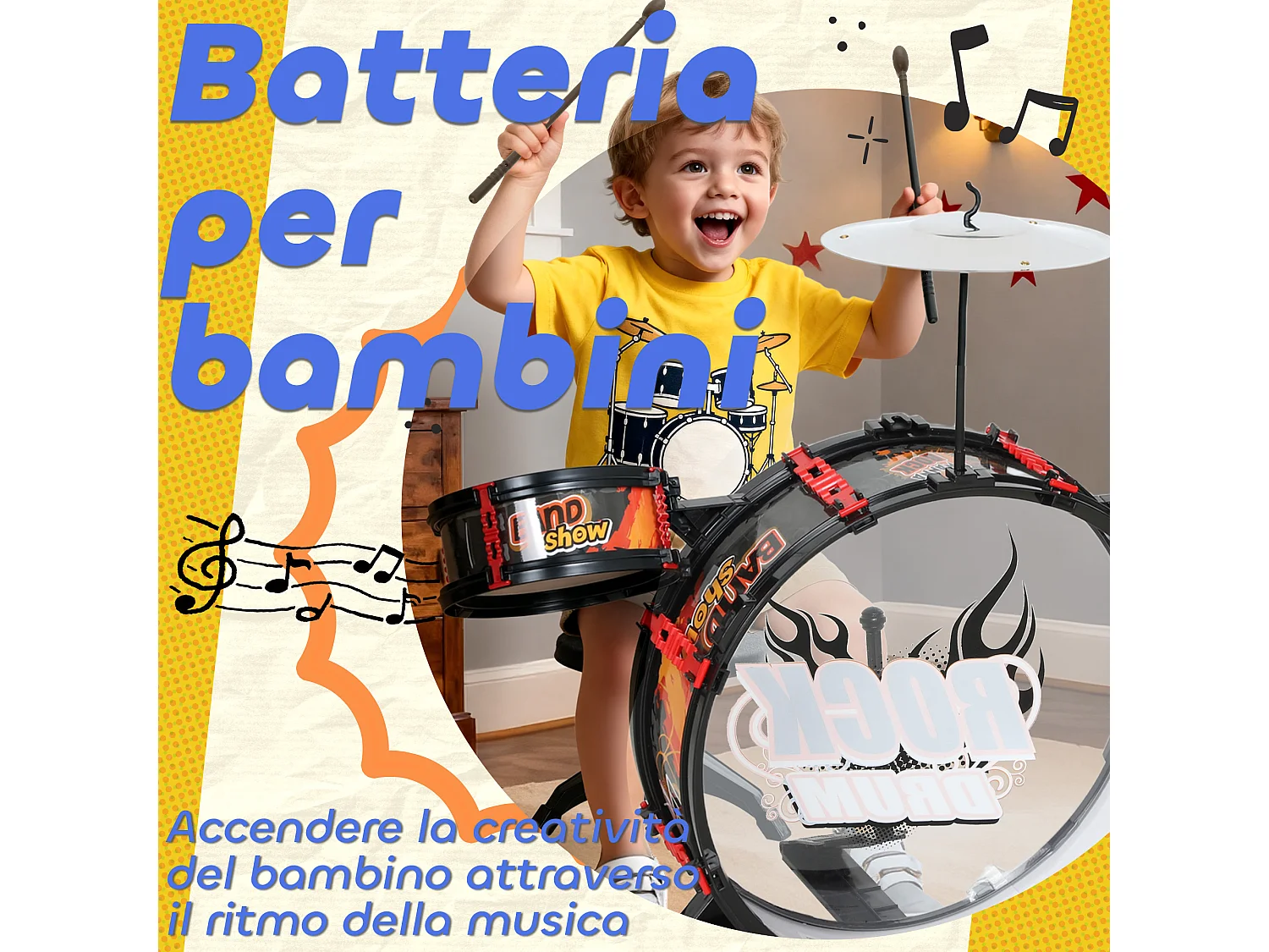Set batteria giocattolo per bambini 3-6 anni con sgabello