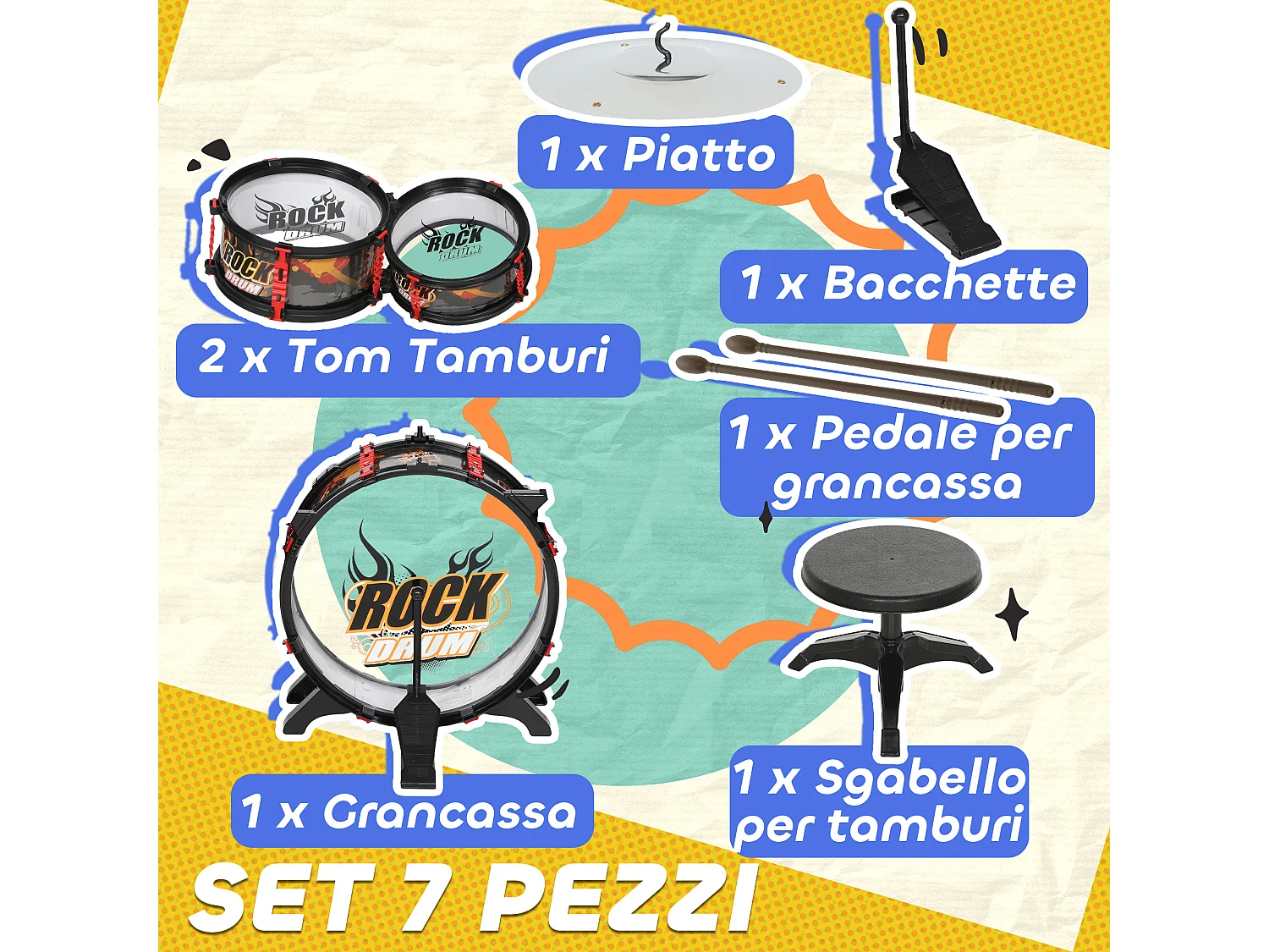 Set batteria giocattolo per bambini 3-6 anni con sgabello