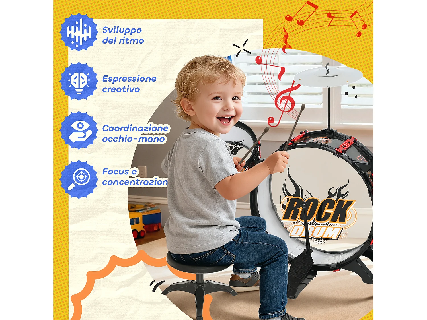 Set batteria giocattolo per bambini 3-6 anni con sgabello