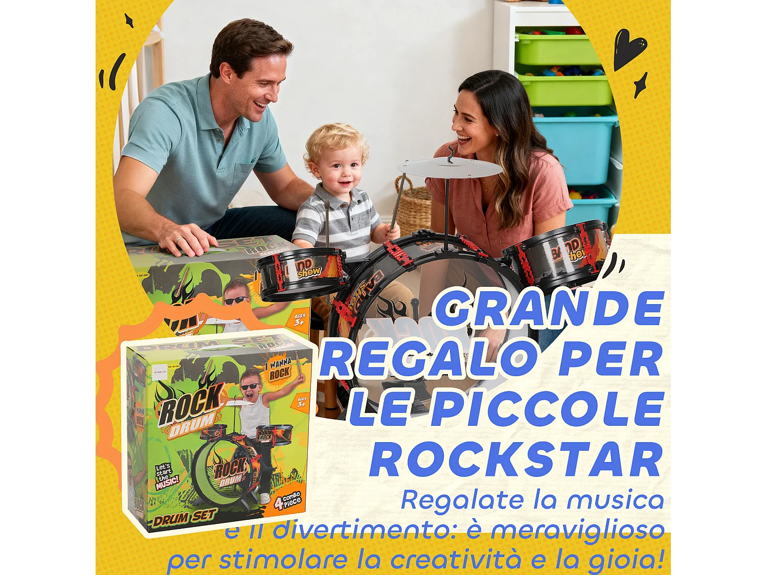 Set batteria giocattolo per bambini 3-6 anni con sgabello