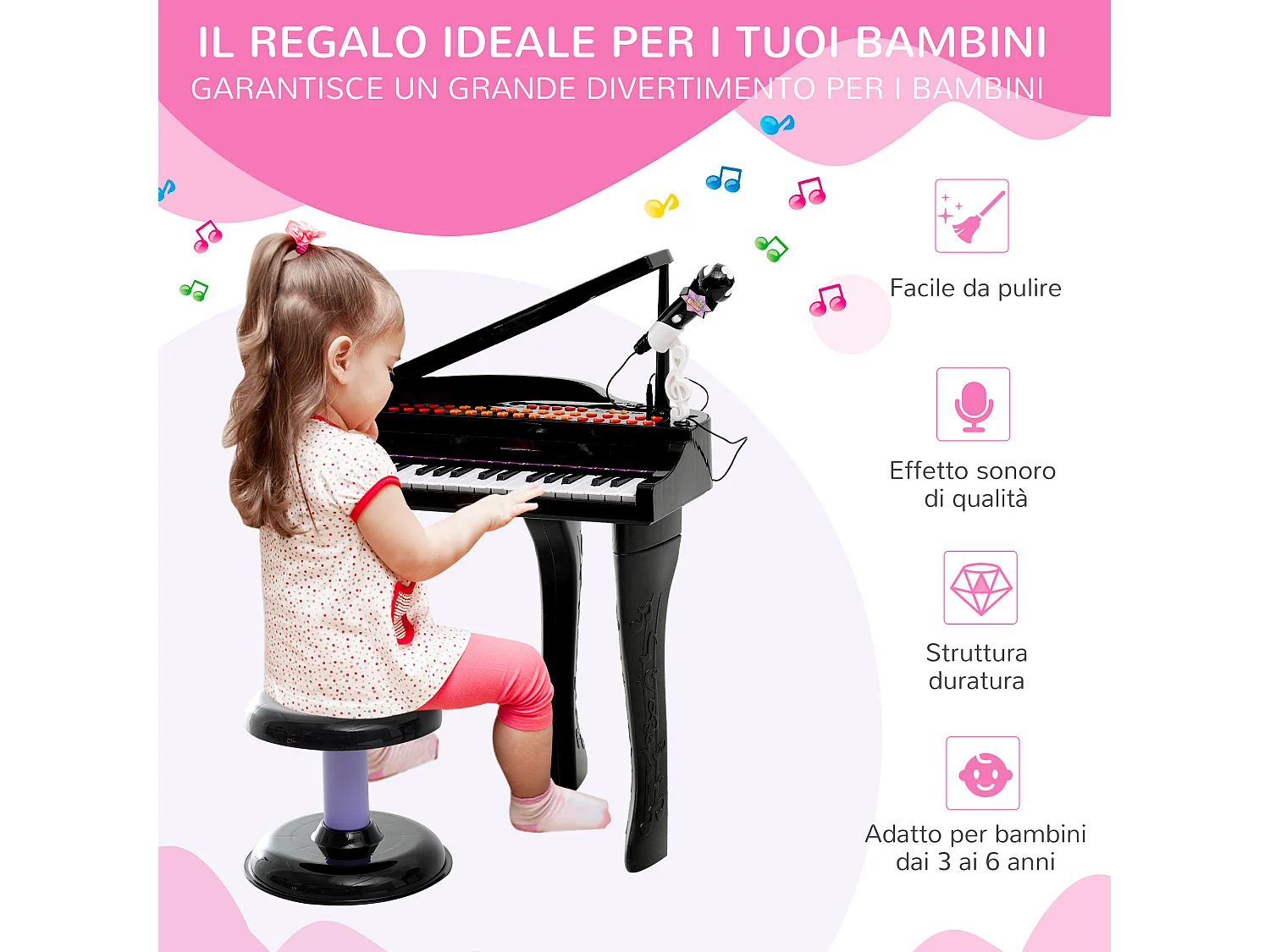 Pianoforte elettrico giocattolo per bambini abs nero