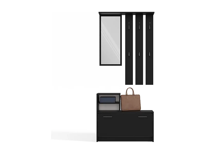 Garderoba Vera | Czarna |  85x24x180 cm| Wieszak, Lustro, Szafka na Obuwie