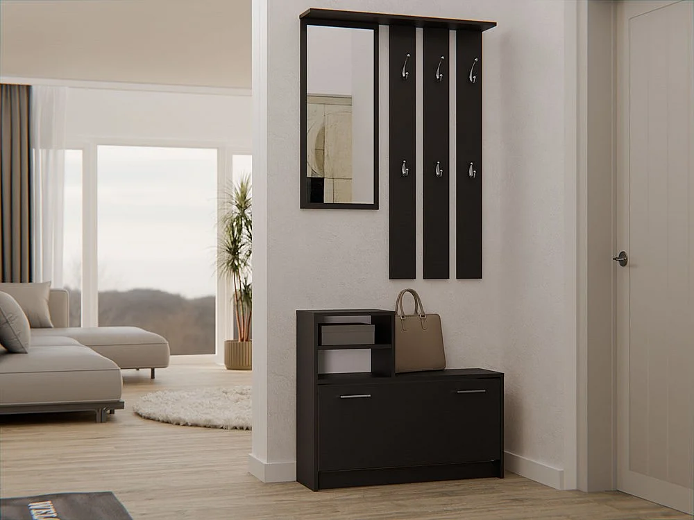 Garderoba Vera | Czarna |  85x24x180 cm| Wieszak, Lustro, Szafka na Obuwie