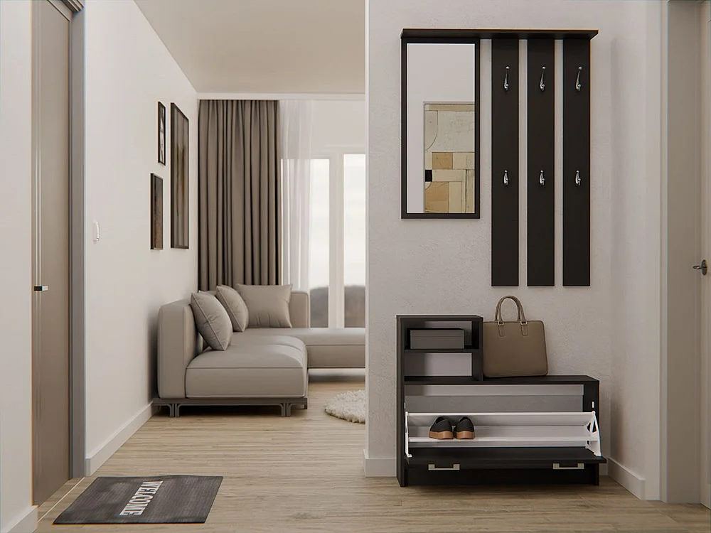 Garderoba Vera | Czarna |  85x24x180 cm| Wieszak, Lustro, Szafka na Obuwie