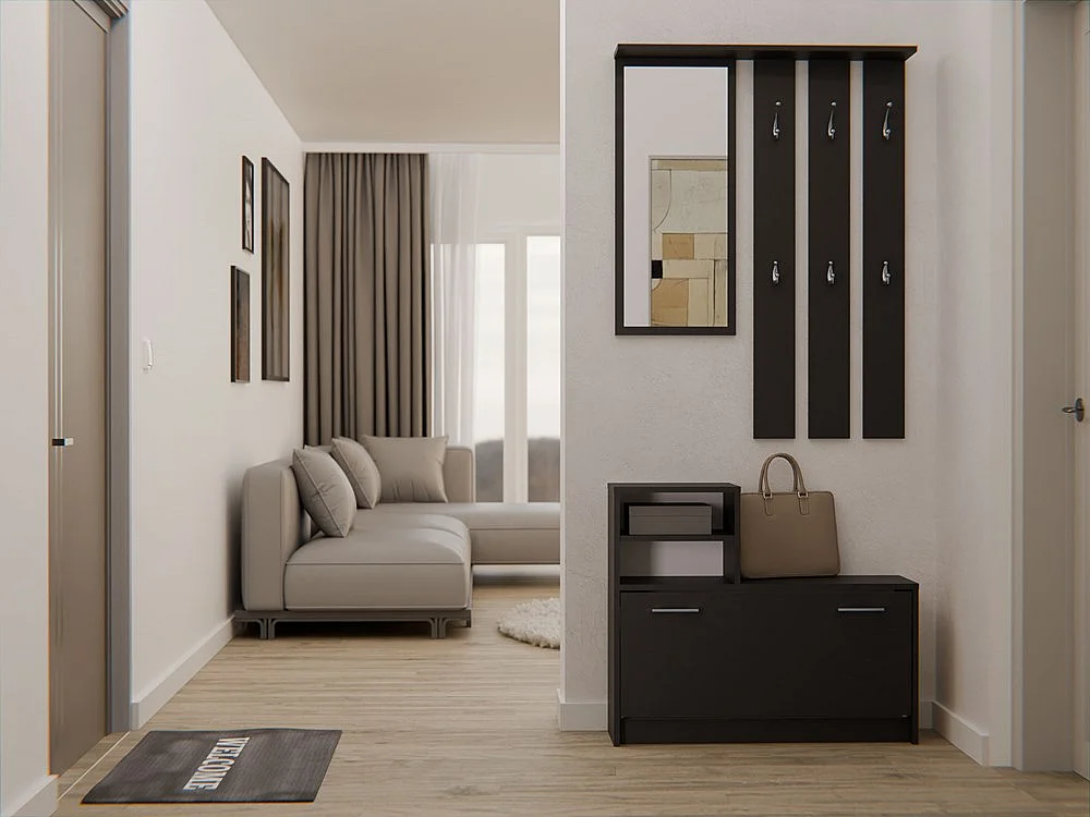 Garderoba Vera | Czarna |  85x24x180 cm| Wieszak, Lustro, Szafka na Obuwie