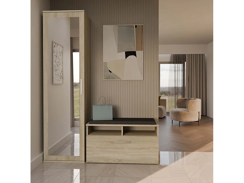 Szafa Duo | Dąb Sonoma|  Nowoczesna Szafa z lustrem | 50x35x180 cm | Przedpokój