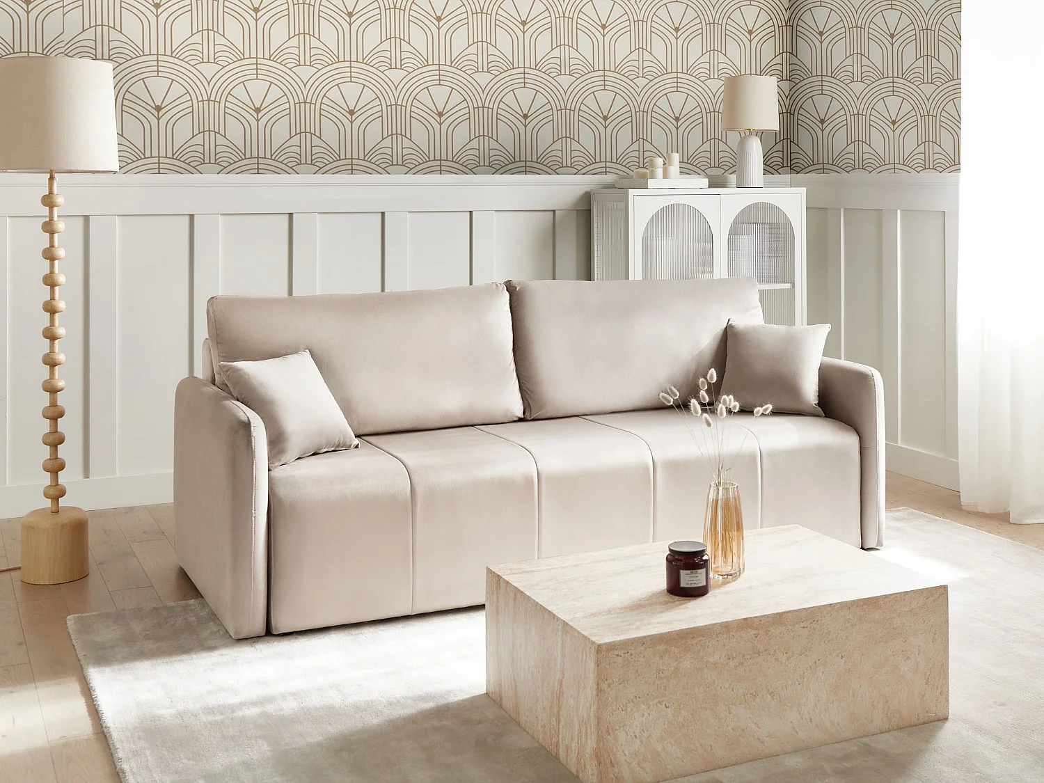 Canapé convertible 3 places en velours taupe EGGE