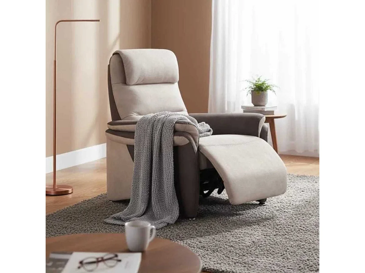 Fauteuil relax électrique tissu micro peau brun et mastic - NADIR