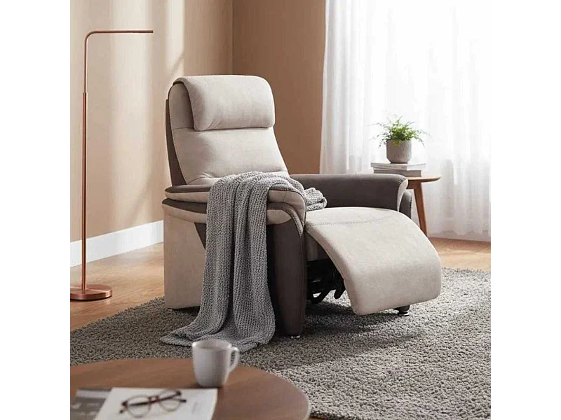 Fauteuil relax électrique tissu micro peau brun et mastic - NADIR