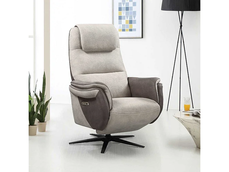 Fauteuil relax électrique pivotant tissu micro peau brun et mastic - NADIR