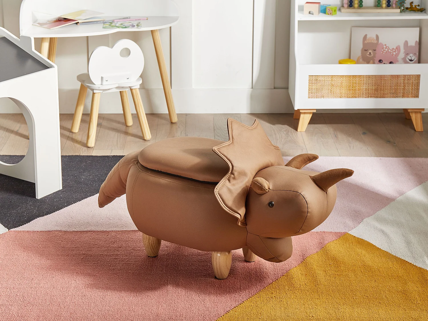 Tabouret de rangement animal TRICERATOPS Dinosaure Tissu Marron