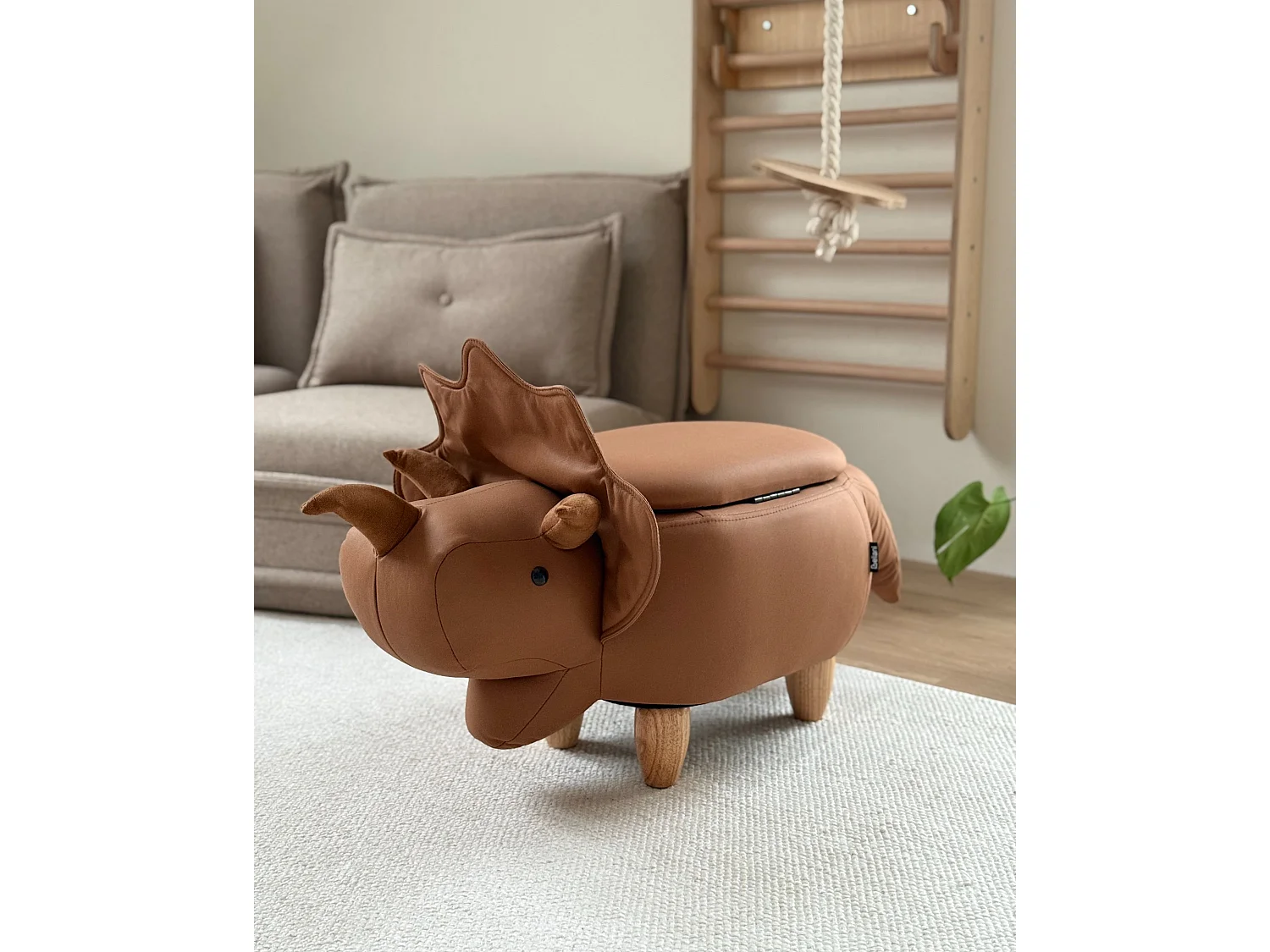 Tabouret de rangement animal TRICERATOPS Dinosaure Tissu Marron