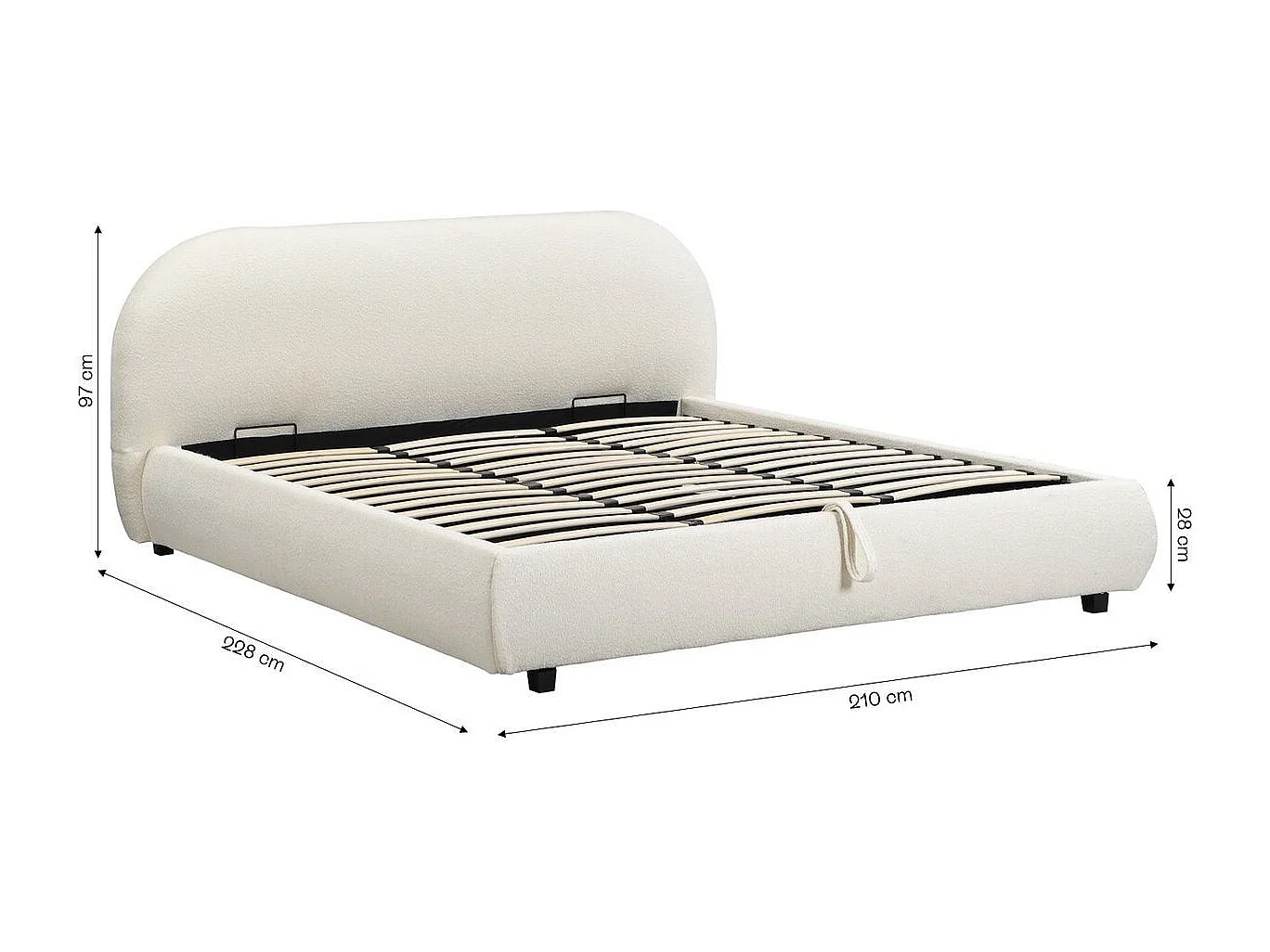 Lit coffre adulte 180x200 cm avec tête de lit matelassée en tissu bouclé beige - Madisson