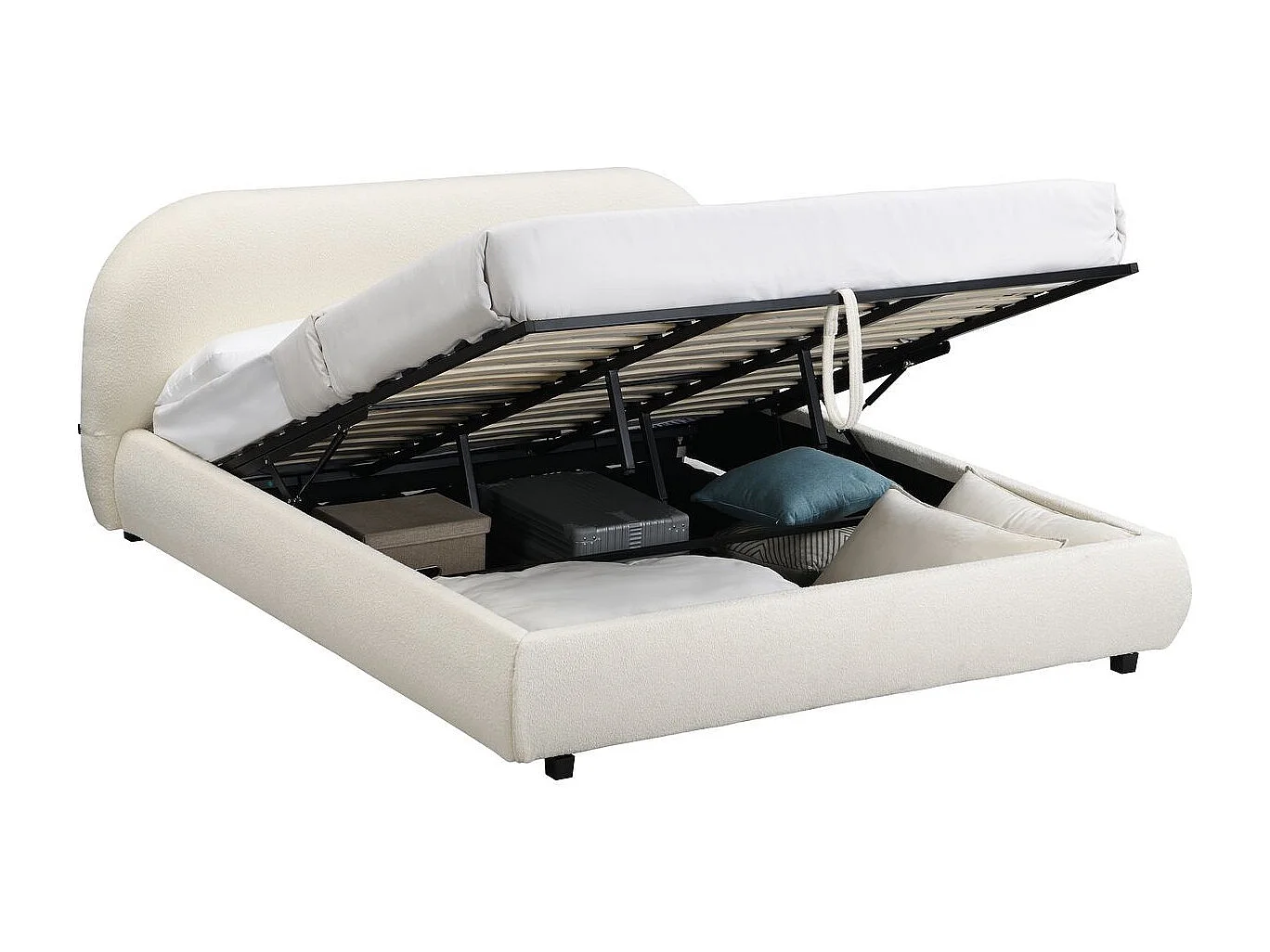 Lit coffre 180x200 cm avec tête de lit matelassée en tissu bouclé beige - Madisson