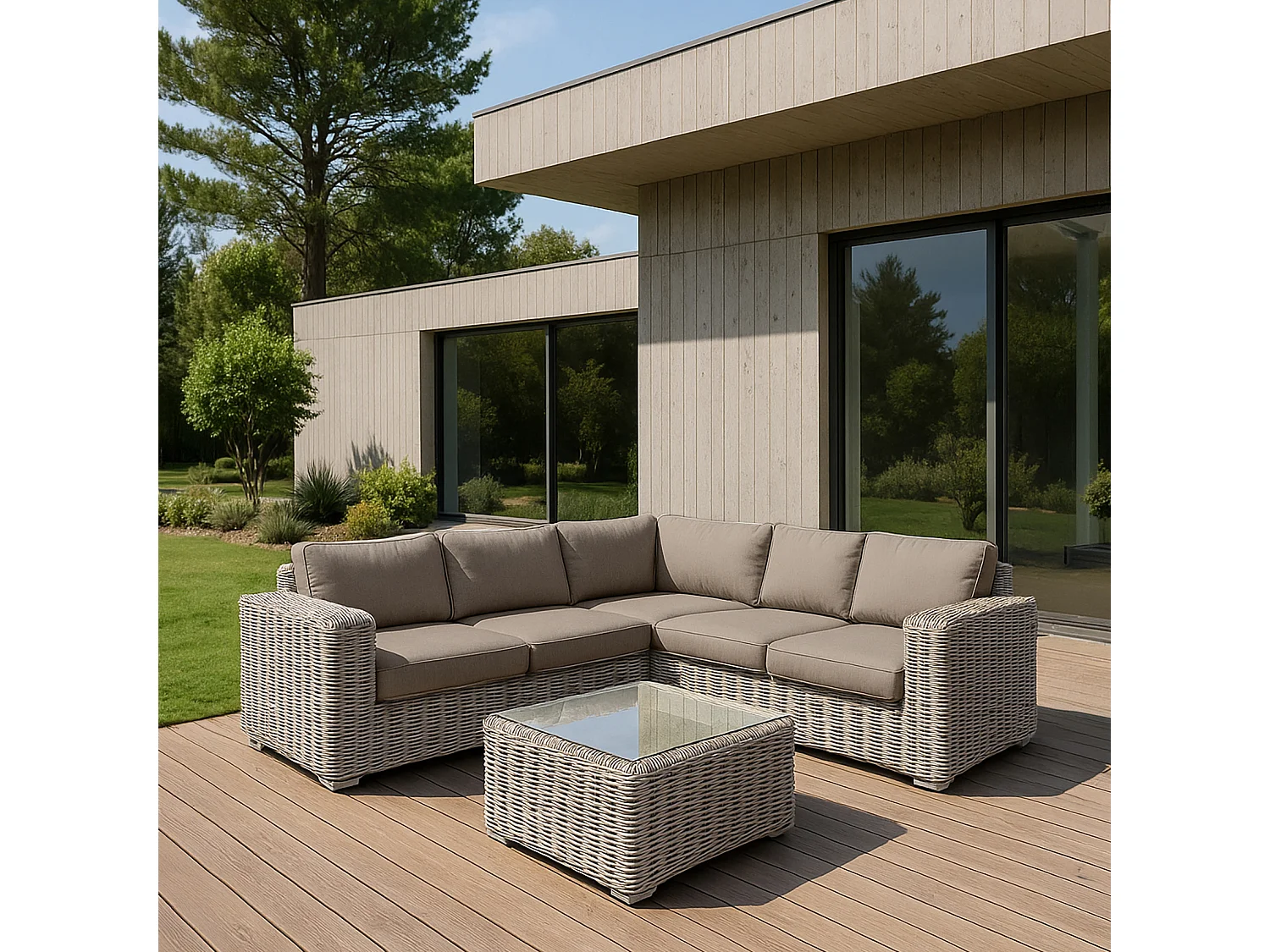 Now's Home - Salon De Jardin D' Angle Resine Tressee+coussins 100% Olefine Antigua