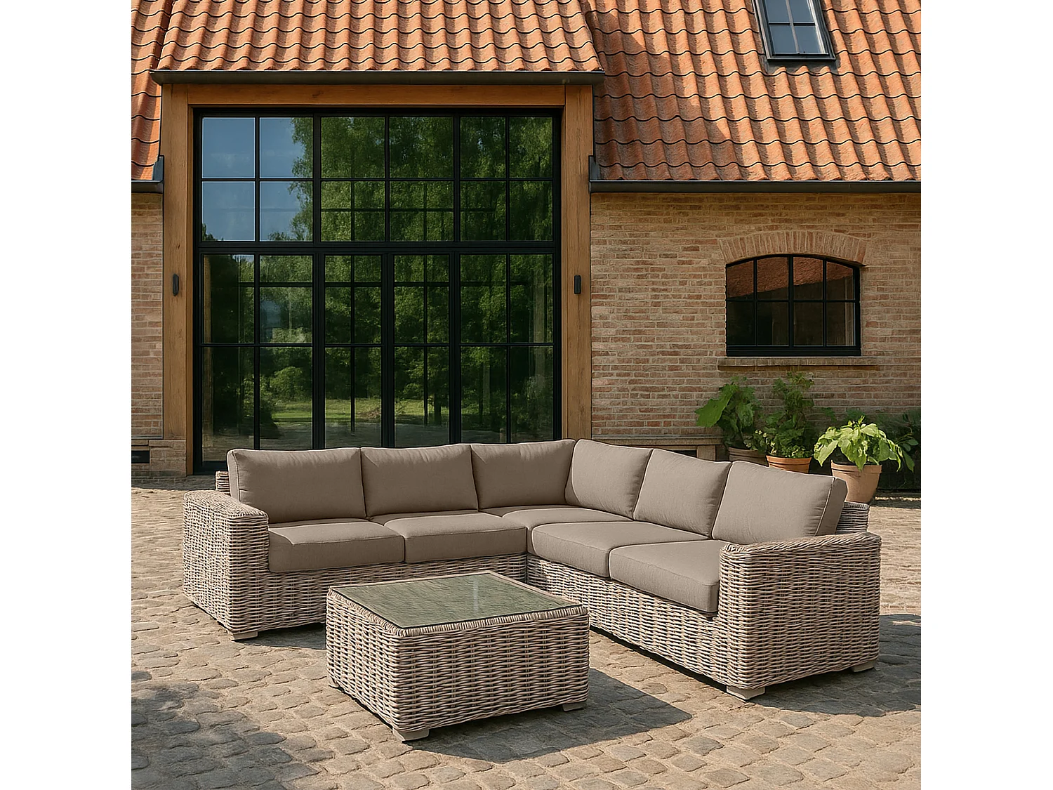 Now's Home - Salon De Jardin D' Angle Resine Tressee+coussins 100% Olefine Antigua