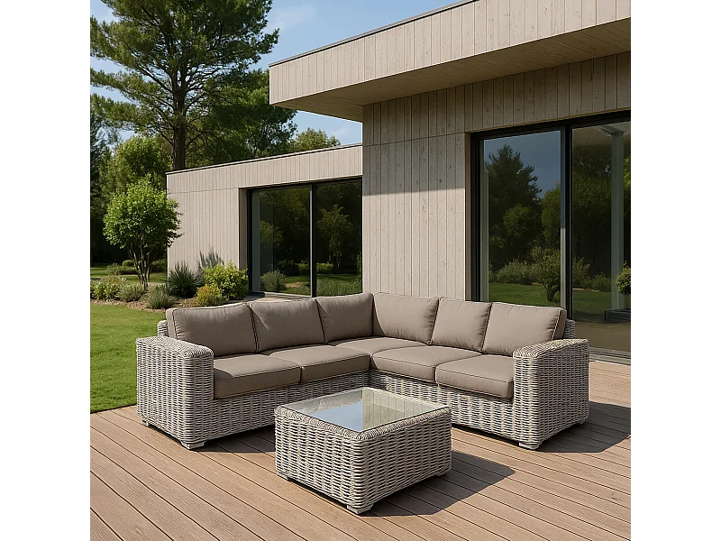 Now's Home - Salon De Jardin D' Angle Resine Tressee+coussins 100% Olefine Antigua