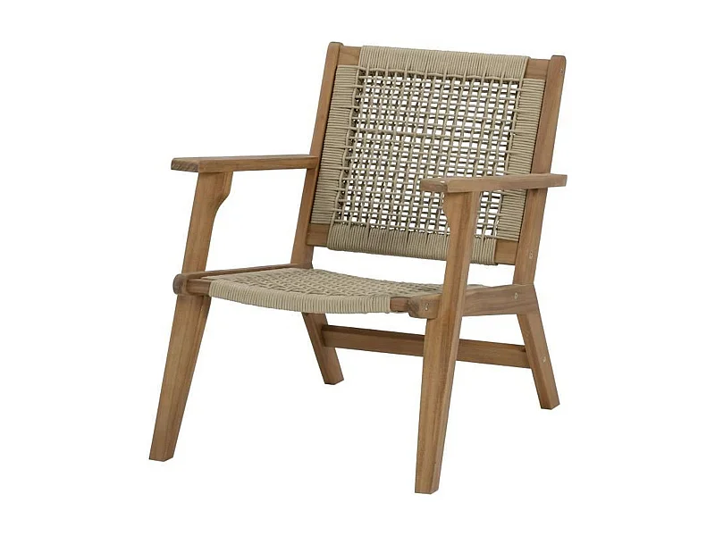 Lage 1-persoons fauteuil van FSC Acaciahout en olijfgroene gevlochten hars zonder armleuningen