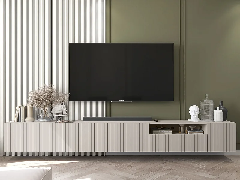 Meuble TV avec 7 portes et niche - corps Cachemire mat, façades cannelées Cachemire mat - 300 cm