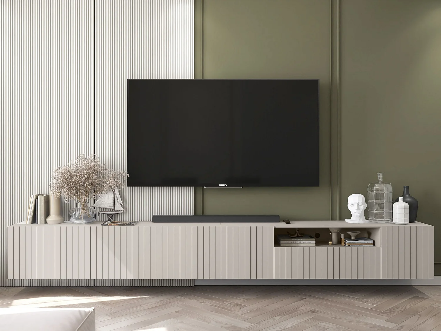 Meuble TV avec 7 portes et niche - corps Cachemire mat, façades cannelées Cachemire mat - 300 cm