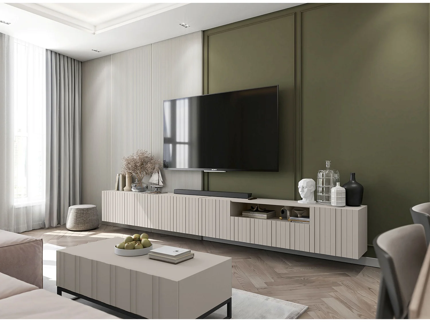 Meuble TV avec 7 portes et niche - corps Cachemire mat, façades cannelées Cachemire mat - 300 cm