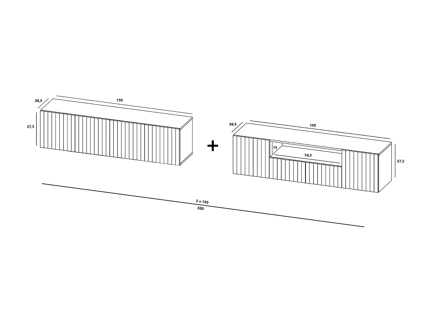 Meuble TV avec 7 portes et niche - corps Cachemire mat, façades cannelées Cachemire mat - 300 cm