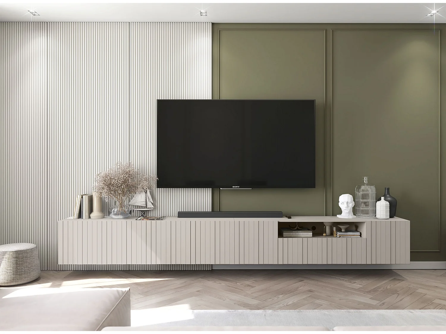 Meuble TV avec 7 portes et niche - corps Cachemire mat, façades cannelées Cachemire mat - 300 cm