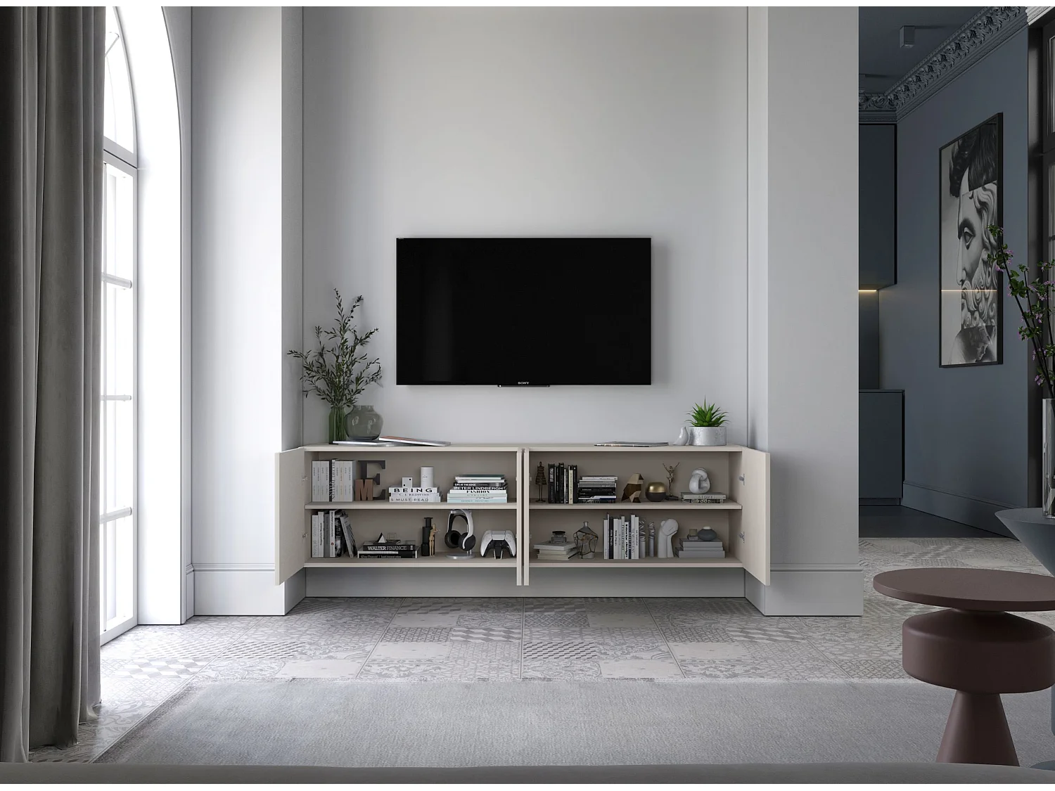 Meuble TV avec 7 portes et niche - corps Cachemire mat, façades cannelées Cachemire mat - 300 cm