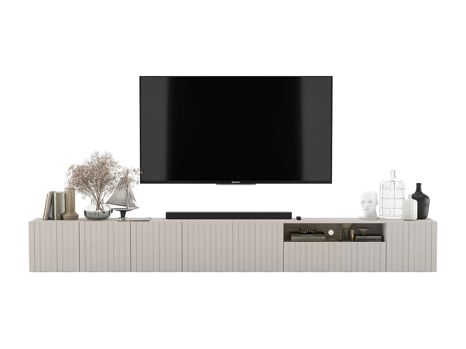 TV-Schrank mit 7 Türen und offenem Fach - Korpus Kaschmir matt, geriffelte Fronten Kaschmir matt - 300 cm