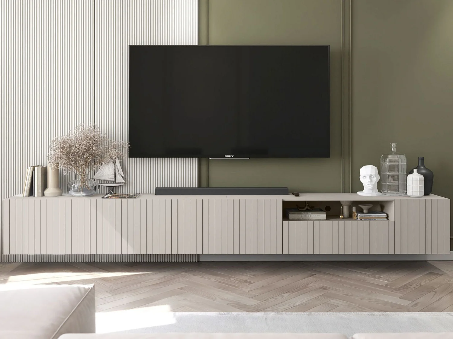 TV-Schrank mit 7 Türen und offenem Fach - Korpus Kaschmir matt, geriffelte Fronten Kaschmir matt - 300 cm