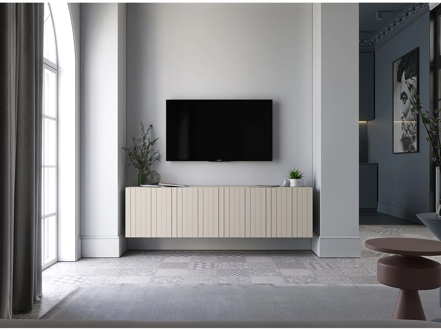 Meuble TV avec 4 portes - Corps Cachemire mat, façades rainurées Cachemire mat - 150 cm
