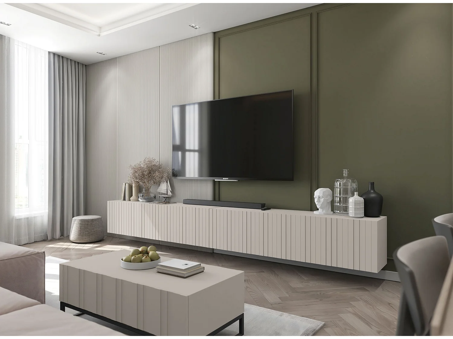 Meuble TV avec 4 portes - Corps Cachemire mat, façades rainurées Cachemire mat - 150 cm