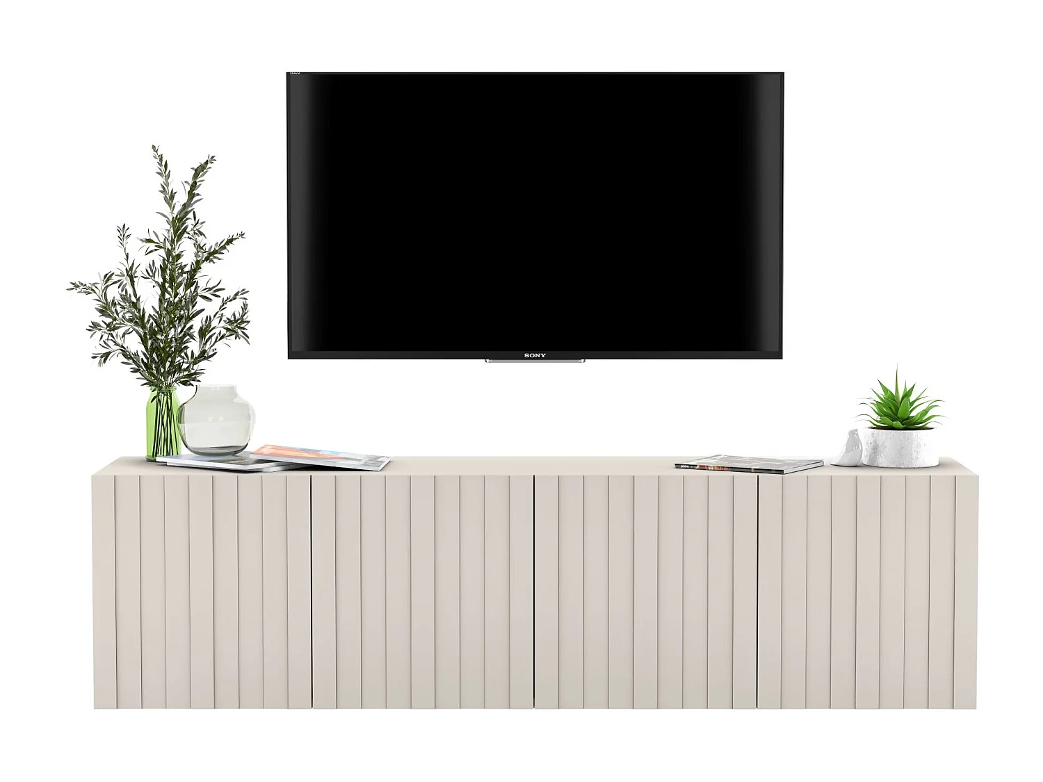 Meuble TV avec 4 portes - Corps Cachemire mat, façades rainurées Cachemire mat - 150 cm
