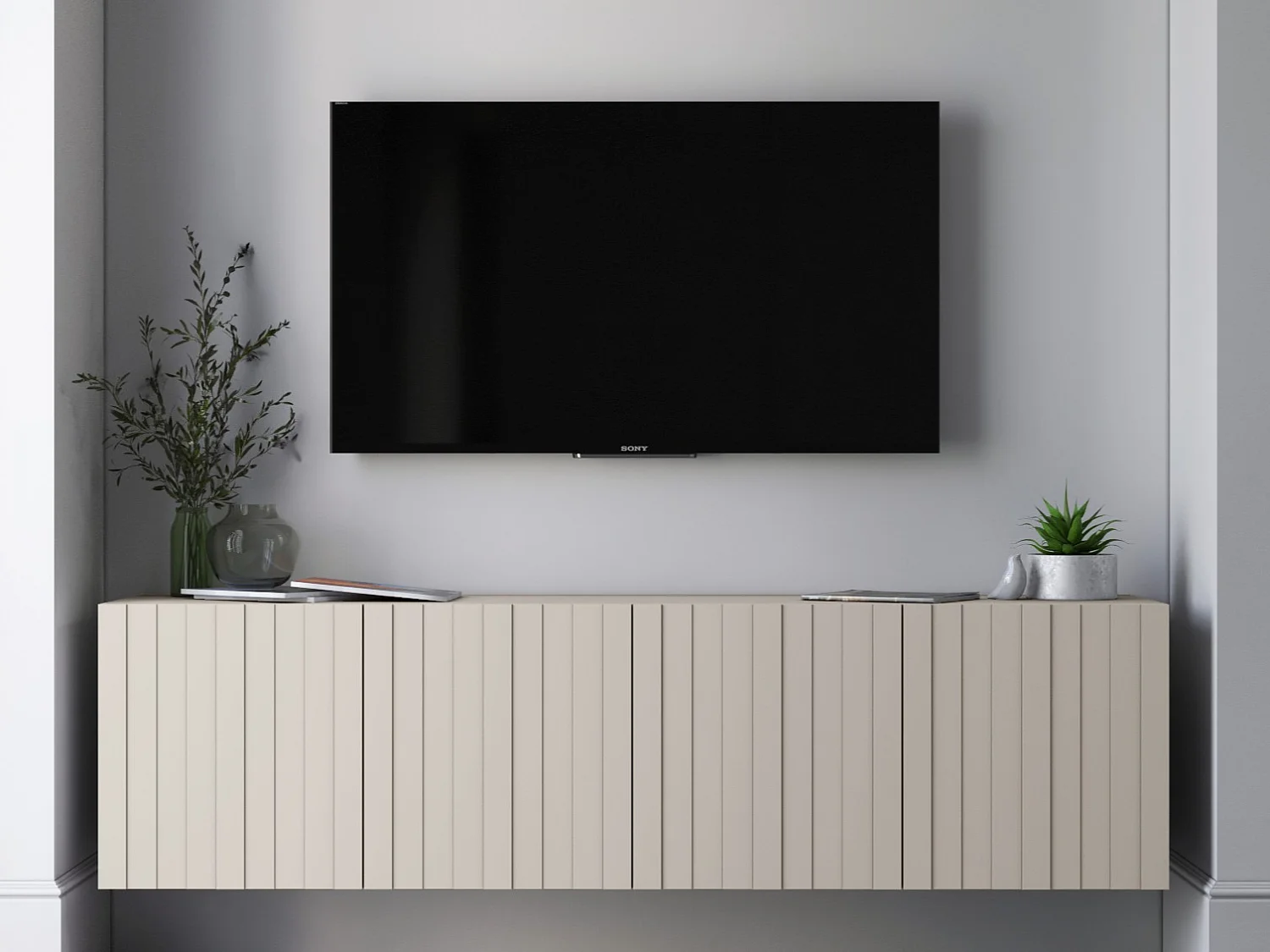 Meuble TV avec 4 portes - Corps Cachemire mat, façades rainurées Cachemire mat - 150 cm