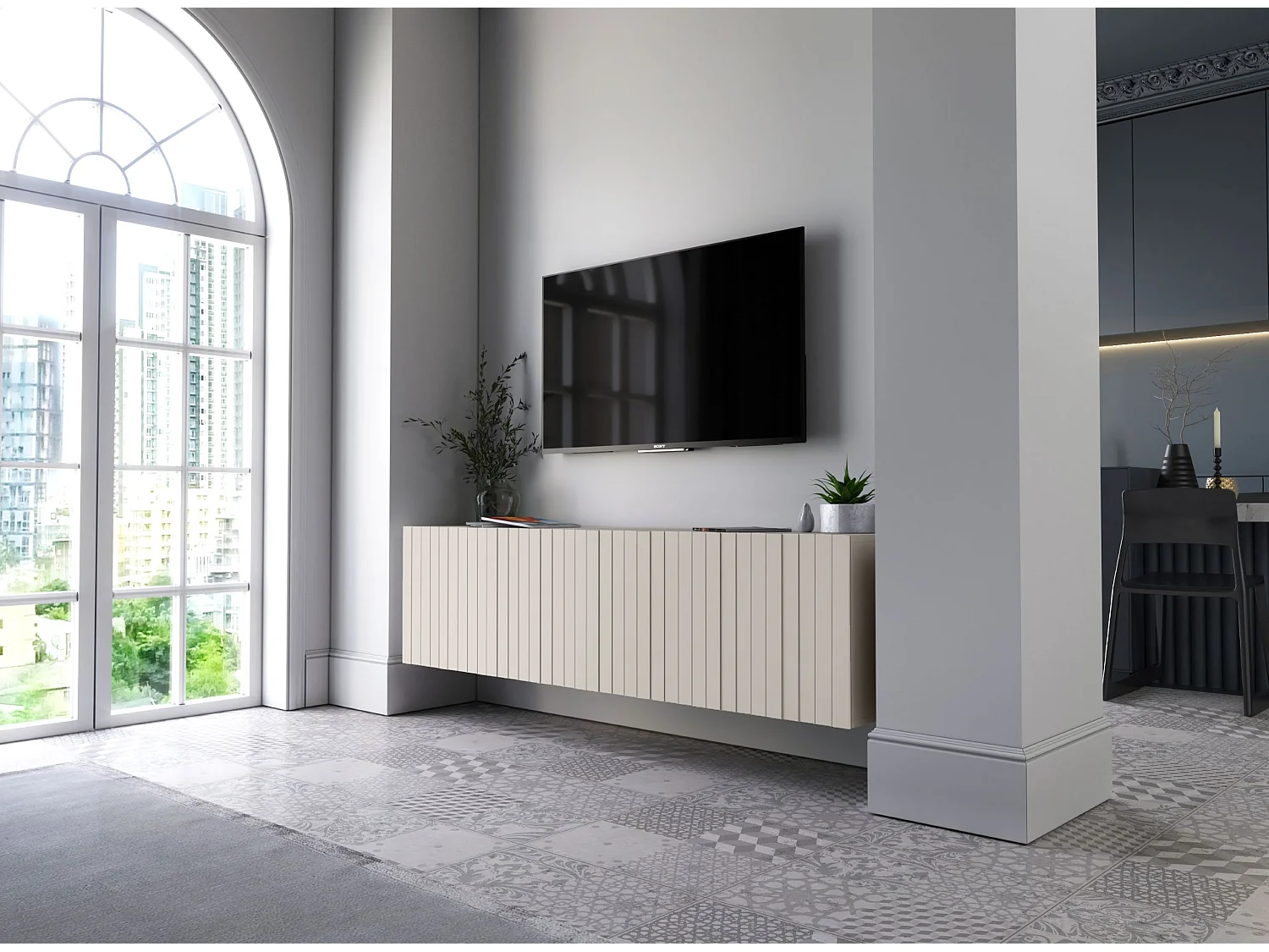 Meuble TV avec 4 portes - Corps Cachemire mat, façades rainurées Cachemire mat - 150 cm