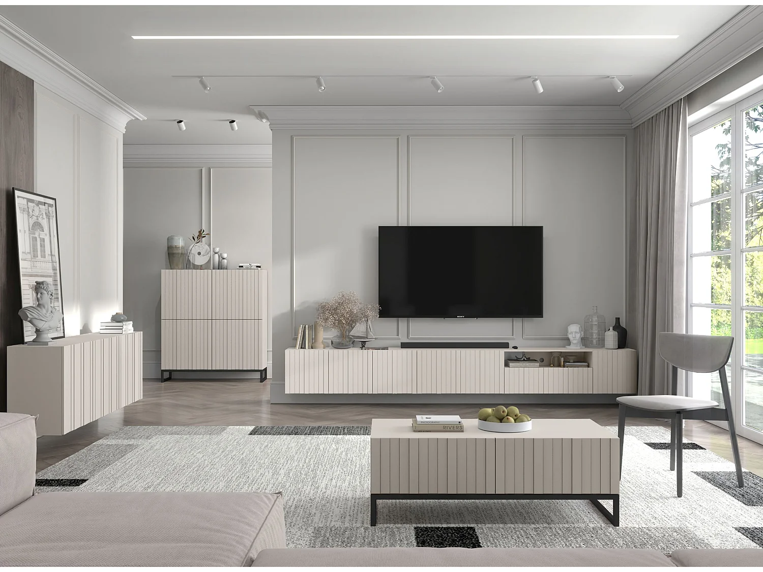 Meuble TV avec 4 portes - Corps Cachemire mat, façades rainurées Cachemire mat - 150 cm