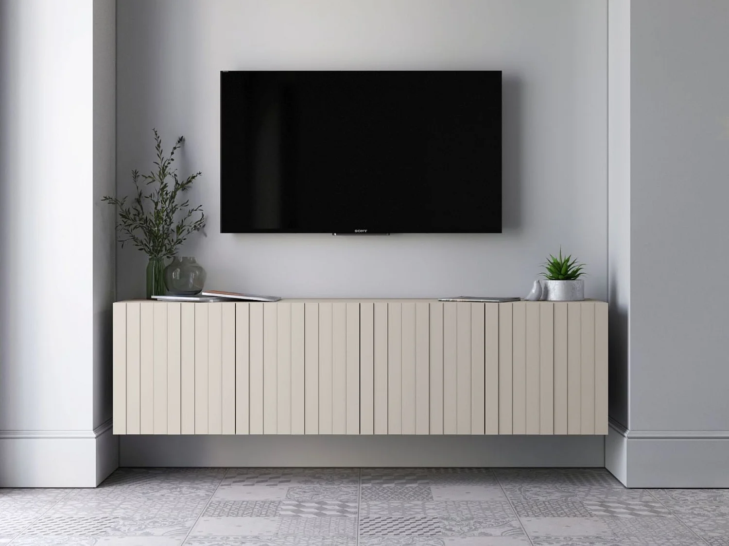 TV-Möbel mit 4 Türen - Korpus Kaschmir matt, geriffelte Fronten Kaschmir matt - 150 cm