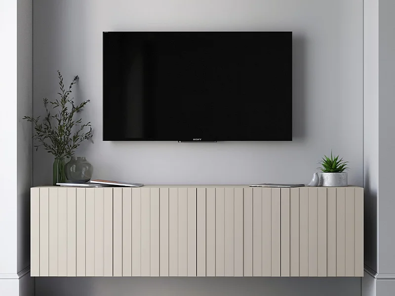 Meuble TV avec 4 portes - Corps Cachemire mat, façades rainurées Cachemire mat - 150 cm