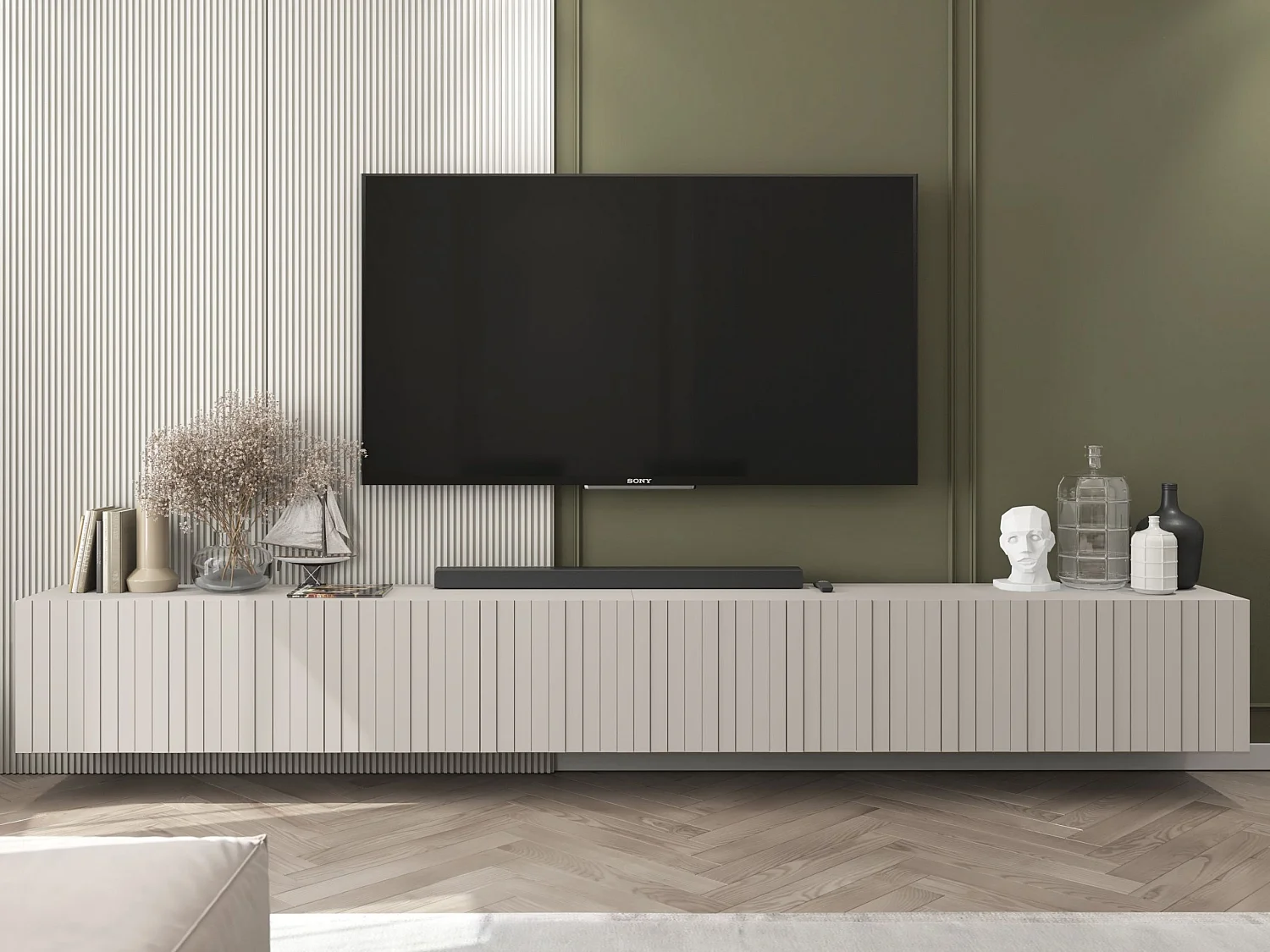 Meuble TV avec 8 portes - Corps Cachemire mat, façades rainurées Cachemire mat - 300 cm