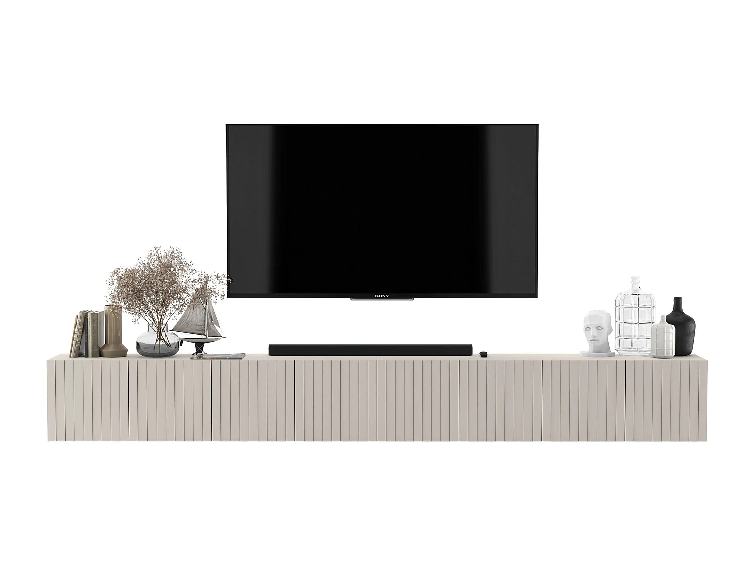 Meuble TV avec 8 portes - Corps Cachemire mat, façades rainurées Cachemire mat - 300 cm