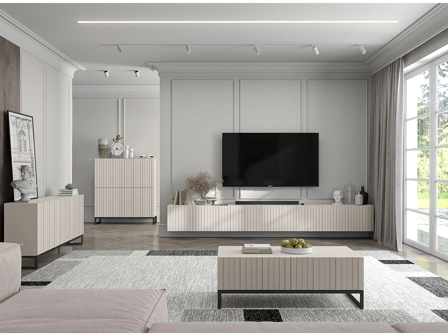 Meuble TV avec 8 portes - Corps Cachemire mat, façades rainurées Cachemire mat - 300 cm